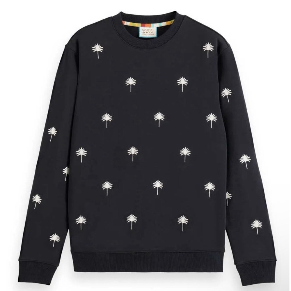 Scotch &‎ Soda Black Crewneck Sweatshirt Palm Tree Embroidery Mens S NEW